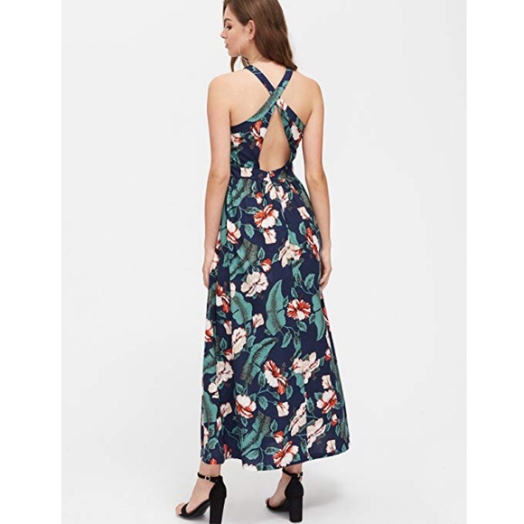 Floral Print Criss Cross Open Back Maxi Dress - Picture 2 of 4